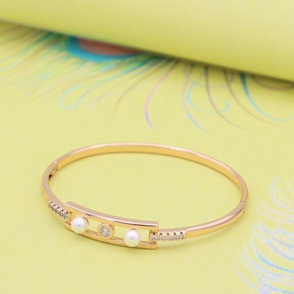 Elegant Rose Gold Bangle with Pearl & CZ Accents, XPBL0450 - Picture 2 of 12